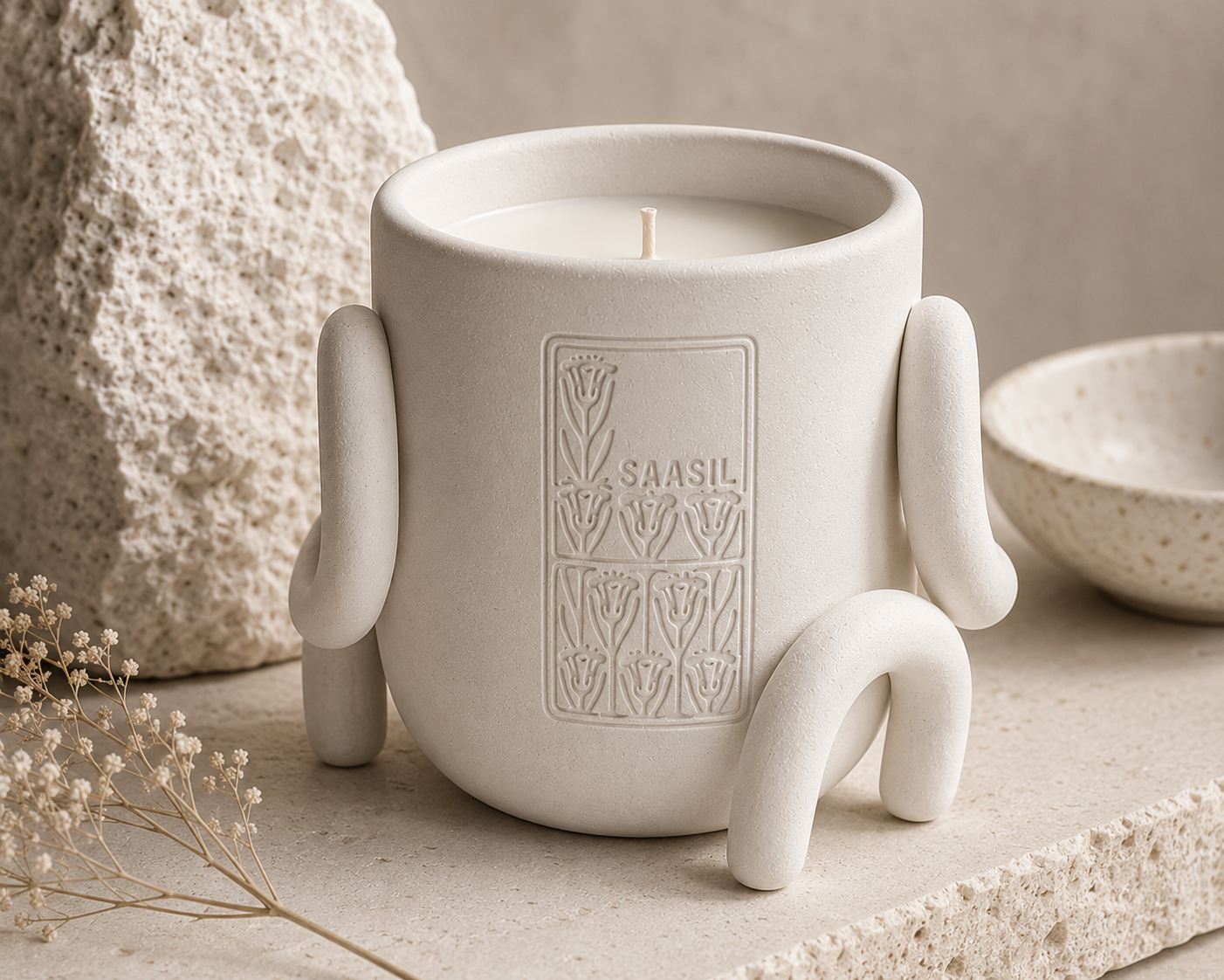 Saasil ceramic candle vessel in the Bone colorway, styled with natural stone and dried botanicals