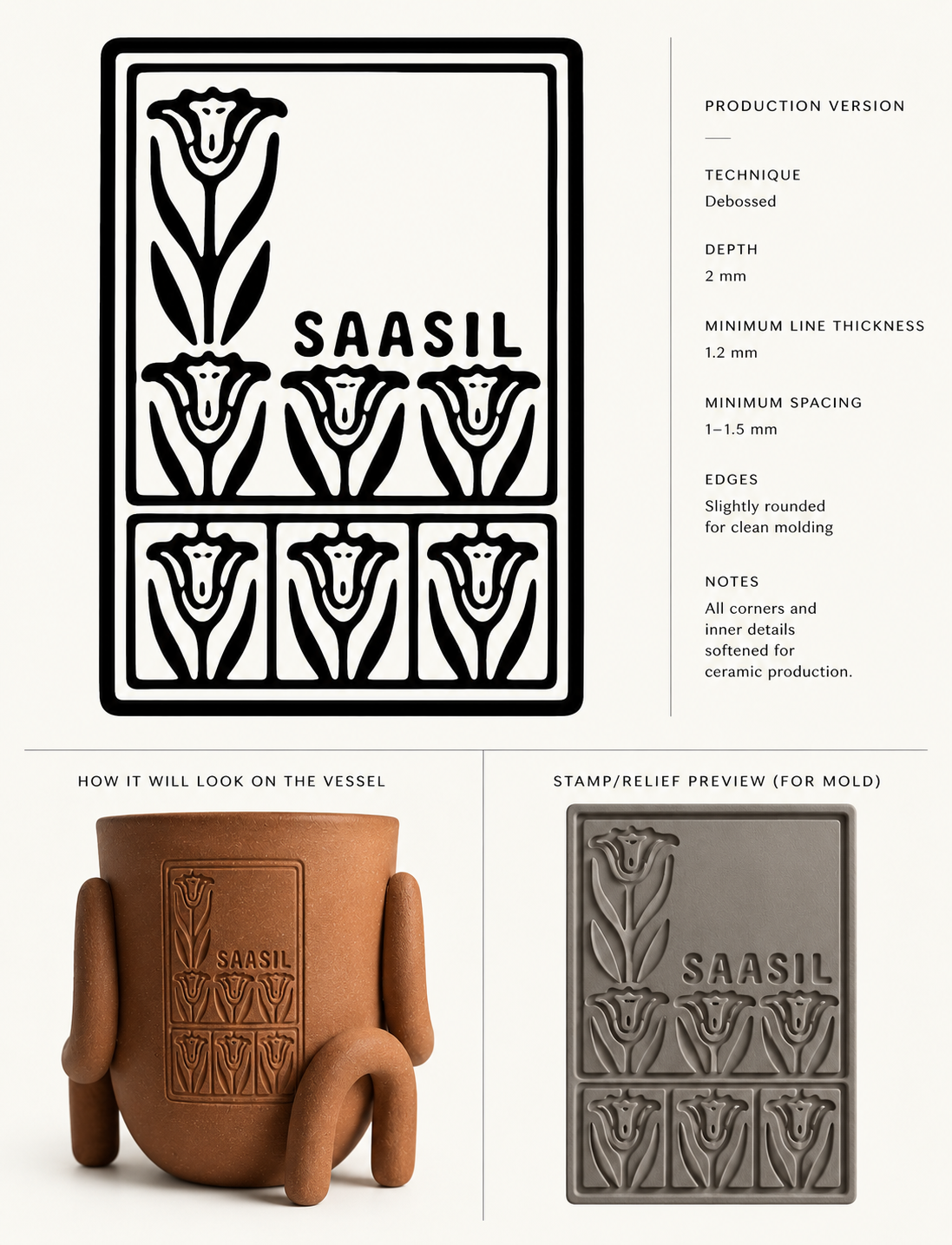 Saasil production deboss specification: technique, depth, minimum line thickness, spacing, and edge treatment for the ceramic mark
