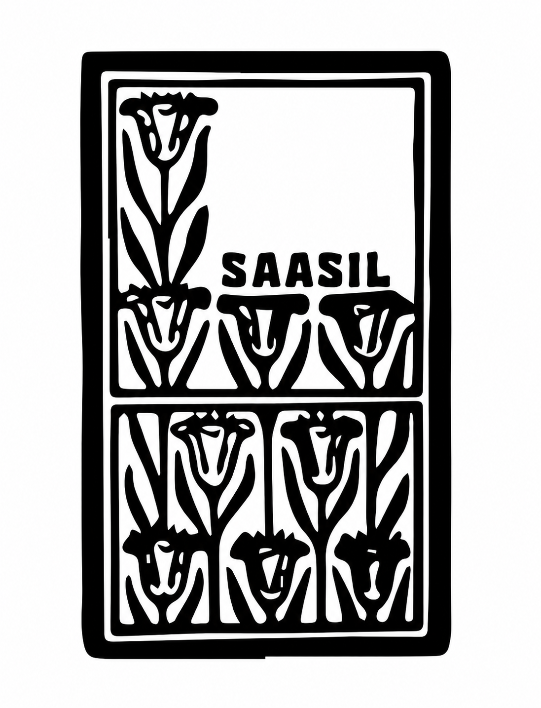 The Saasil heritage botanical mark: a bordered panel of repeated stylized flower motifs paired with the SAASIL wordmark